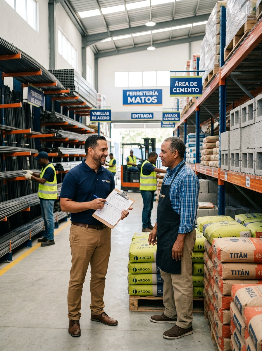 Representante comercial de JMDimax asesorando a propietario de ferretería en almacén de materiales
