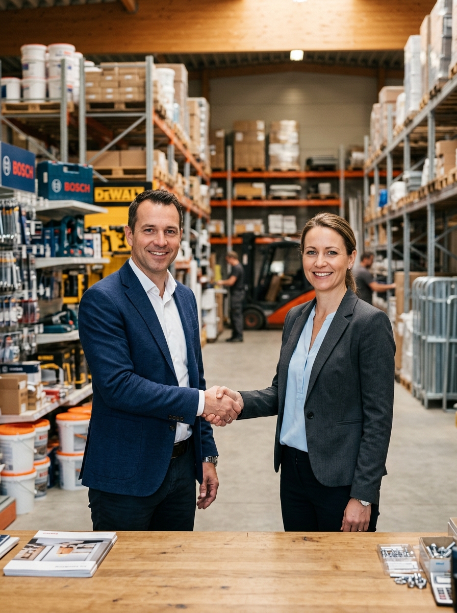 Profesionales de construcción sellando un acuerdo comercial de materiales — relaciones de confianza con JMDimax